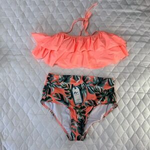 YOU DIAN Bikini Set Women Large Coral NWT Tropical High Waist Ruffle Halter